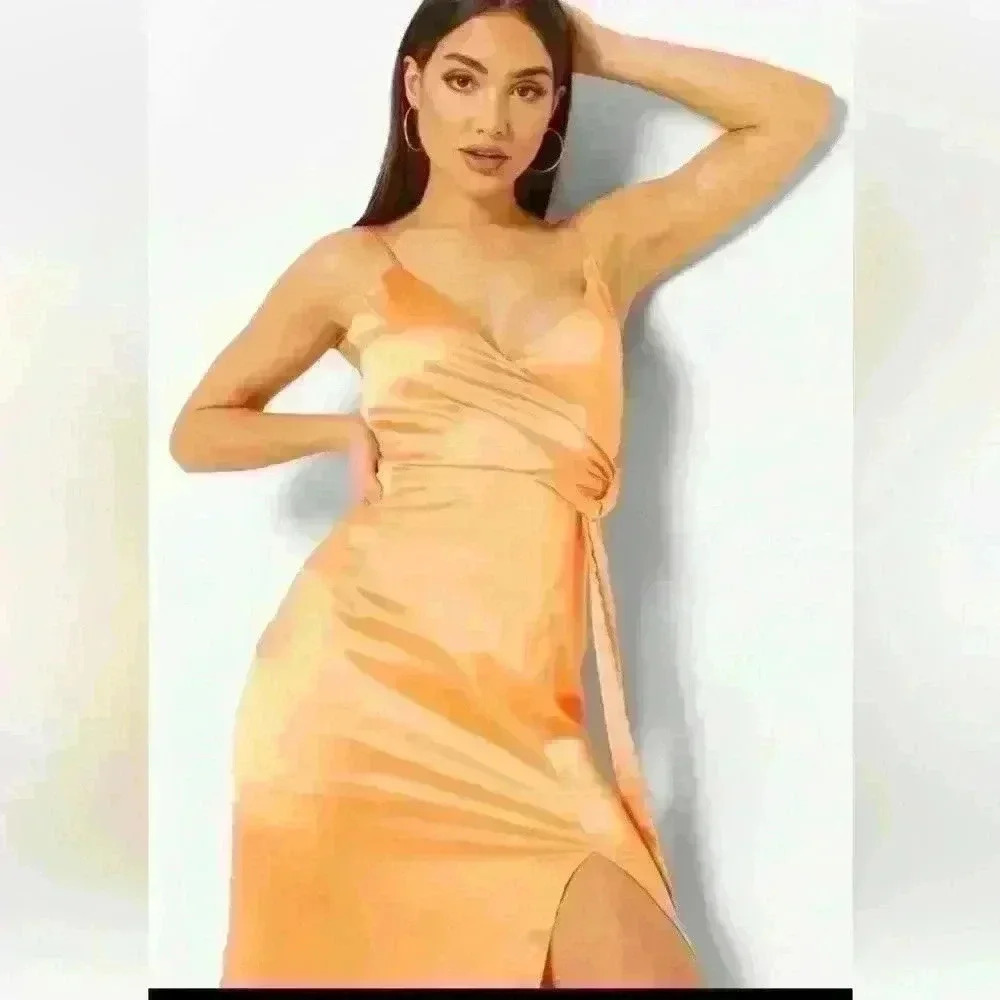 Boohoo Women's Satin Wrap Maxi Dress Orange Size 12 - Picture 2 of 12